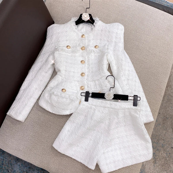 Women's Track Suit Set Gold Buttons Tweed Jacket Shorts Set