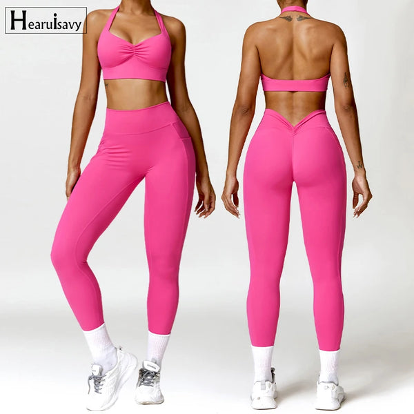 Two Piece Yoga Workout V Back Scrunch Legging Women Gym Workout Set Women Sportswear