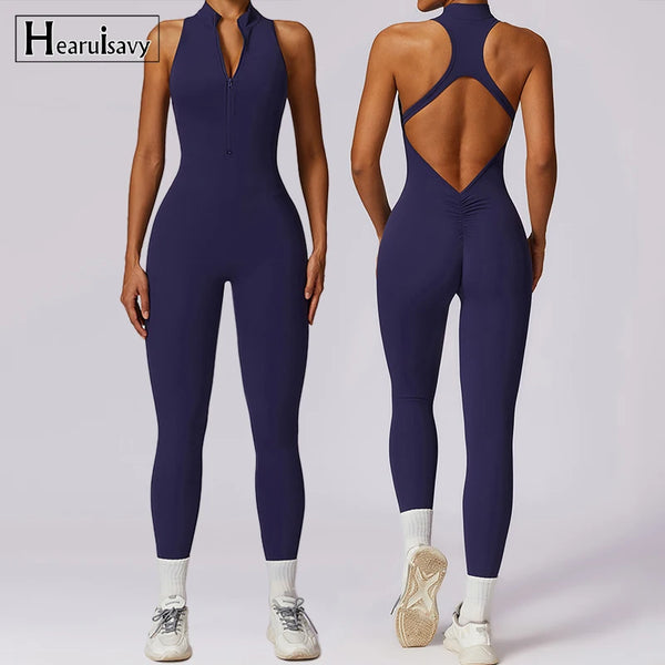 Women's One Piece Sports Jumpsuit Zippers Yoga Jumpsuit Backless Sportswear Female Sleeveles Workout Bodysuits Female