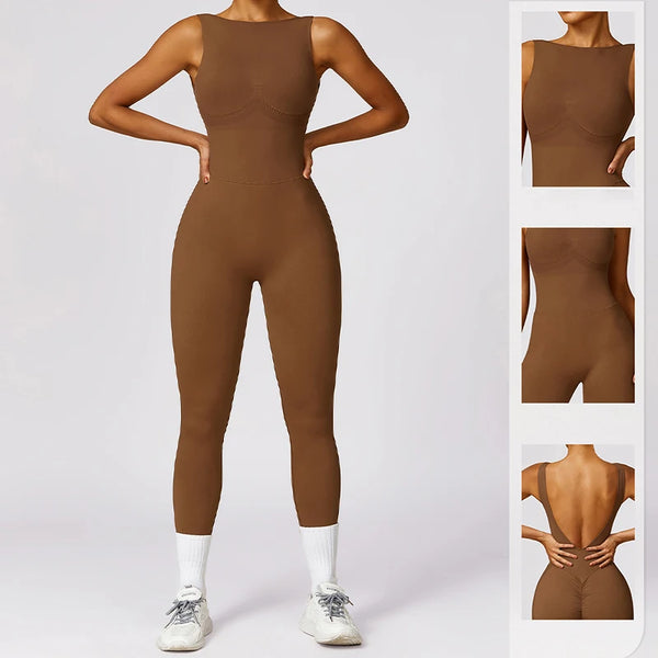 Women's One Piece Sports Jumpsuit Push Up Yoga Suit Backless Sleeveless Workout Bodysuits