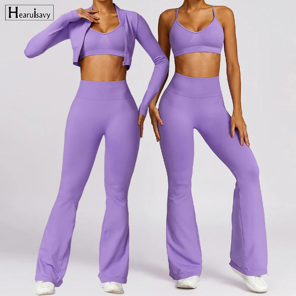 2 Piece Sports Set Women Flared Pants Workout Suit Women Long Sleeve Shirt Set Yoga Outfits Gym Sportswear Female